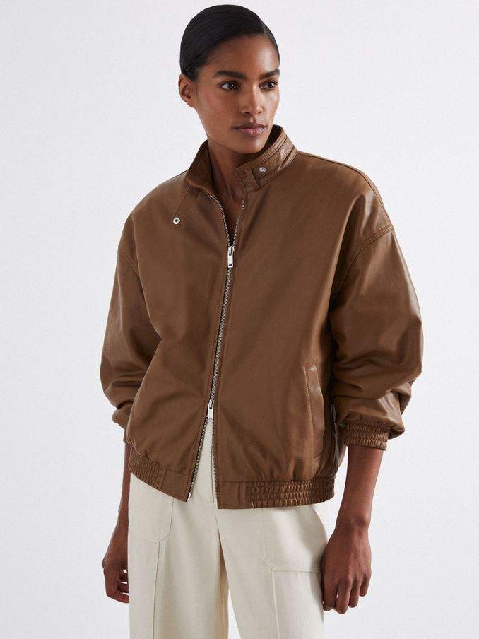 Atelier Leather Latched-Collar Bomber Jacket in Tan (E54465) | US$327