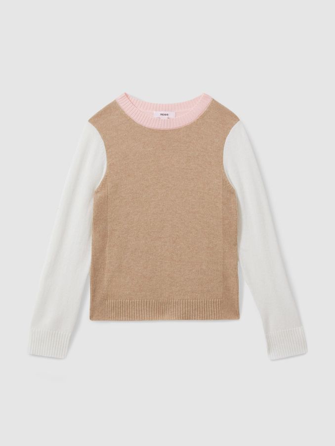 13-14 yrs Wool Blend Striped Crew Neck Jumper in Camel (E54468) | US$32