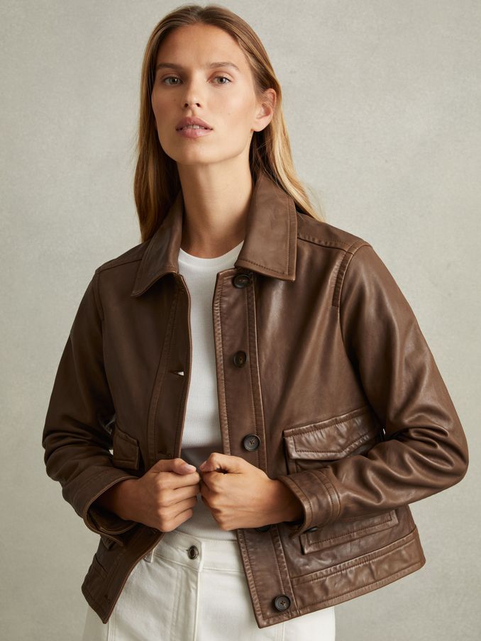Leather Trucker Jacket in Chocolate (E54475) | €540
