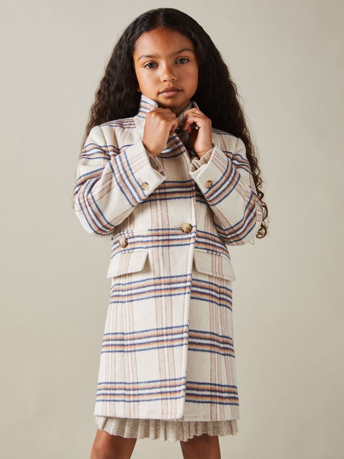 4-9 yrs Wool Blend Checked Asymmetric Funnel Neck Coat in Brown (E54482) | US$82
