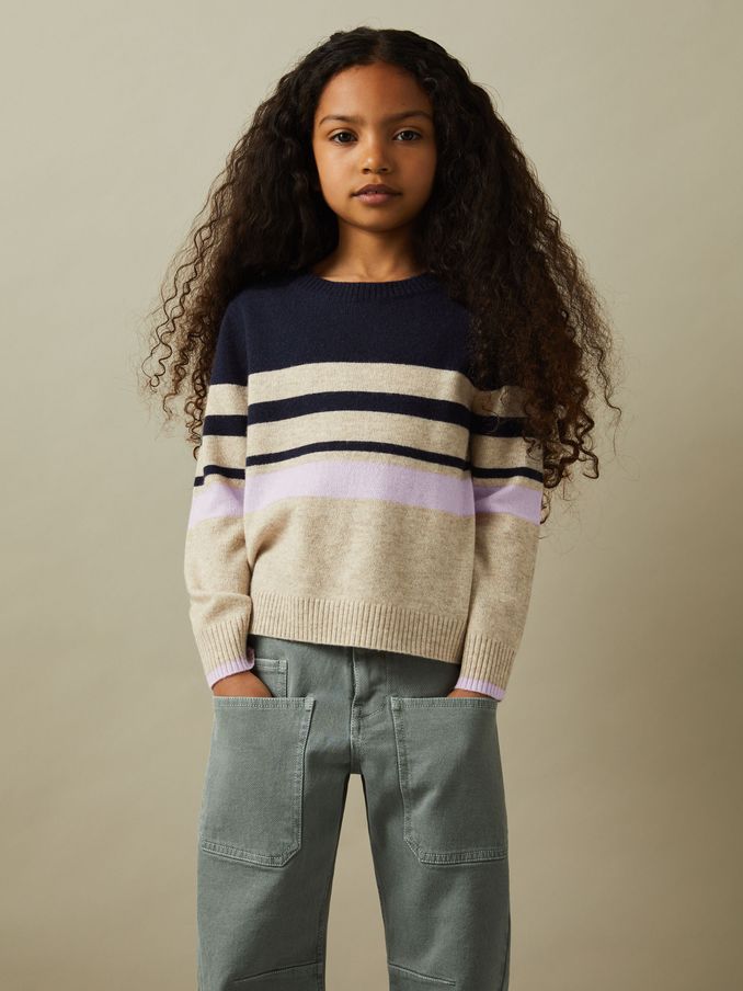 9-13 yrs Wool Blend Striped Crew Neck Jumper in Navy (E54483) | €41