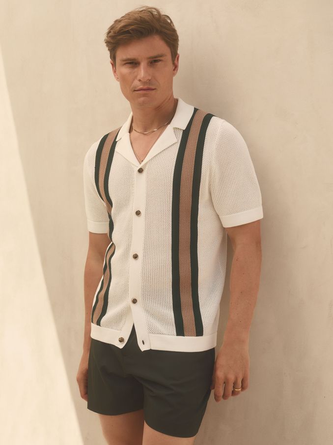 Reiss | Ché Knitted Contrast Stripe Cuban Collar Shirt in White/Dark Green (E54486) | €77