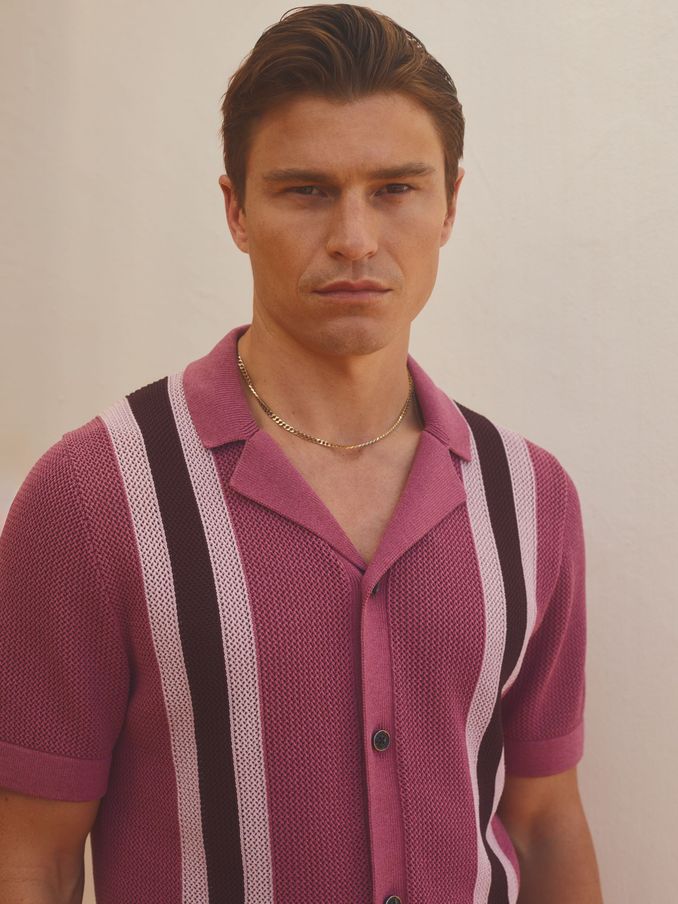 Reiss | Ché Knitted Contrast Stripe Cuban Collar Shirt in Pink Multi (E54492) | US$89