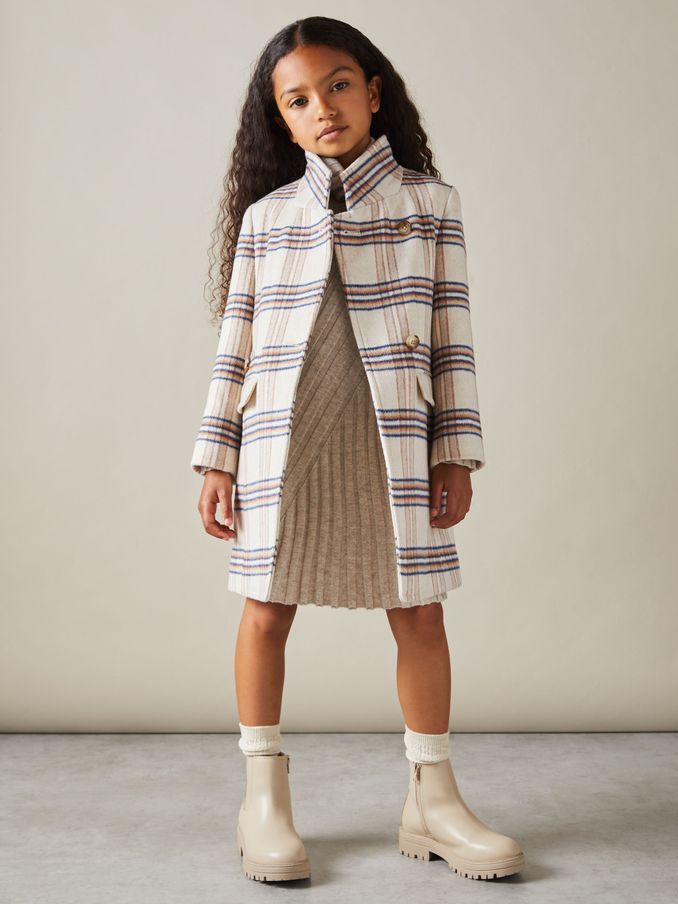 9-13 yrs Wool Blend Checked Asymmetric Funnel Neck Coat in Brown (E54493) | €77