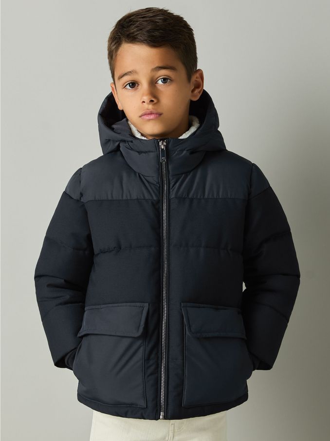9-13 yrs Hooded Twill and Shell Puffer Jacket in Navy (E54507) | $90
