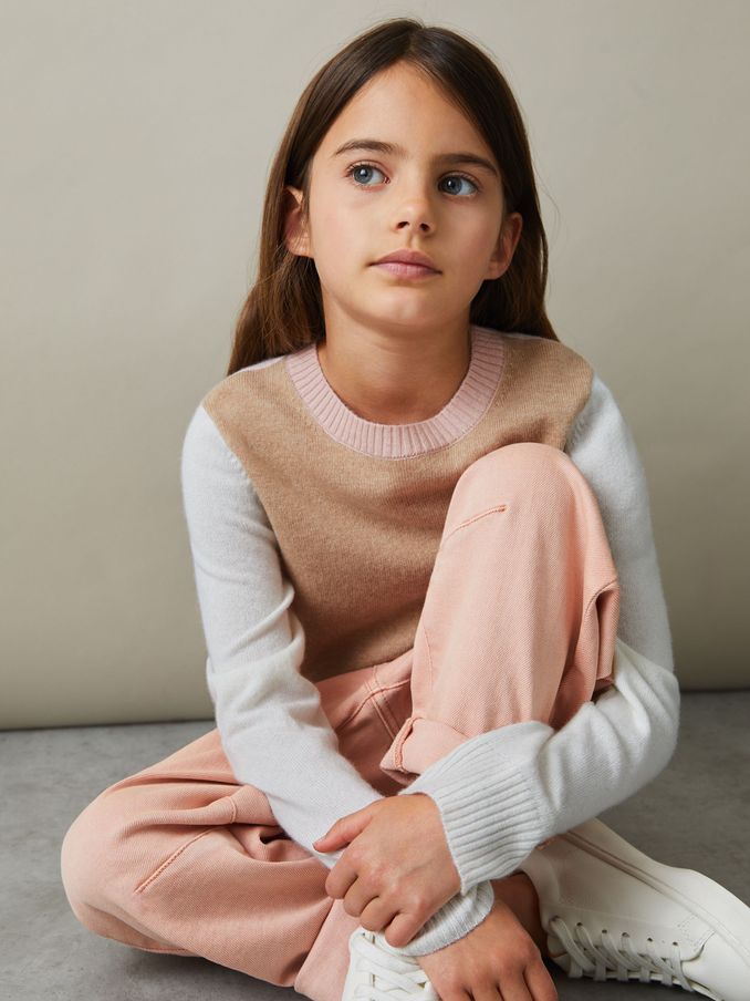 9-13 yrs Wool Blend Striped Crew Neck Jumper in Camel (E54523) | US$32