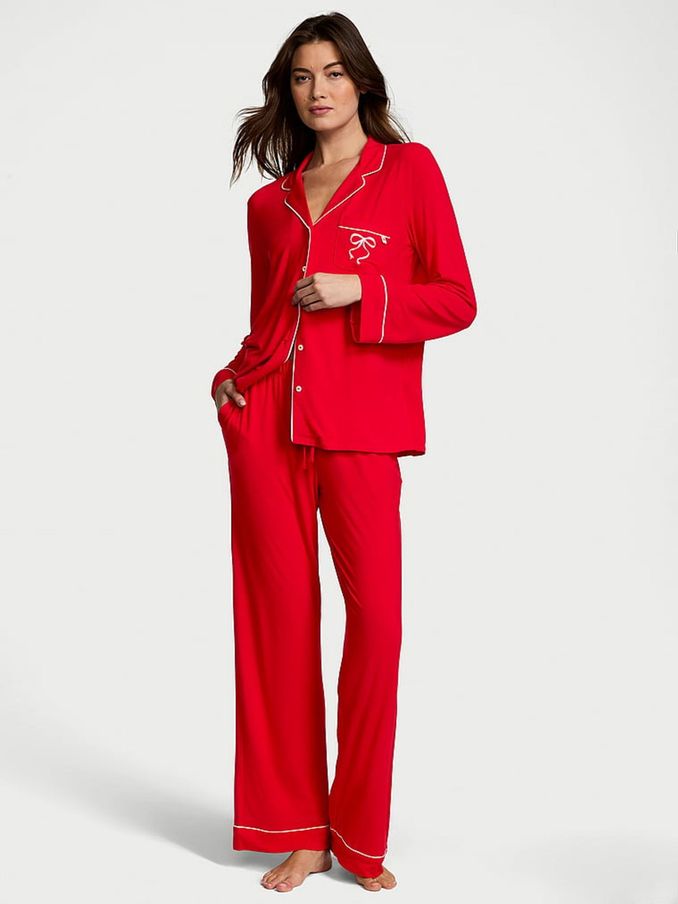 Lipstick Bow Graphic Red Modal Long Pyjama Set (E54902) | €68