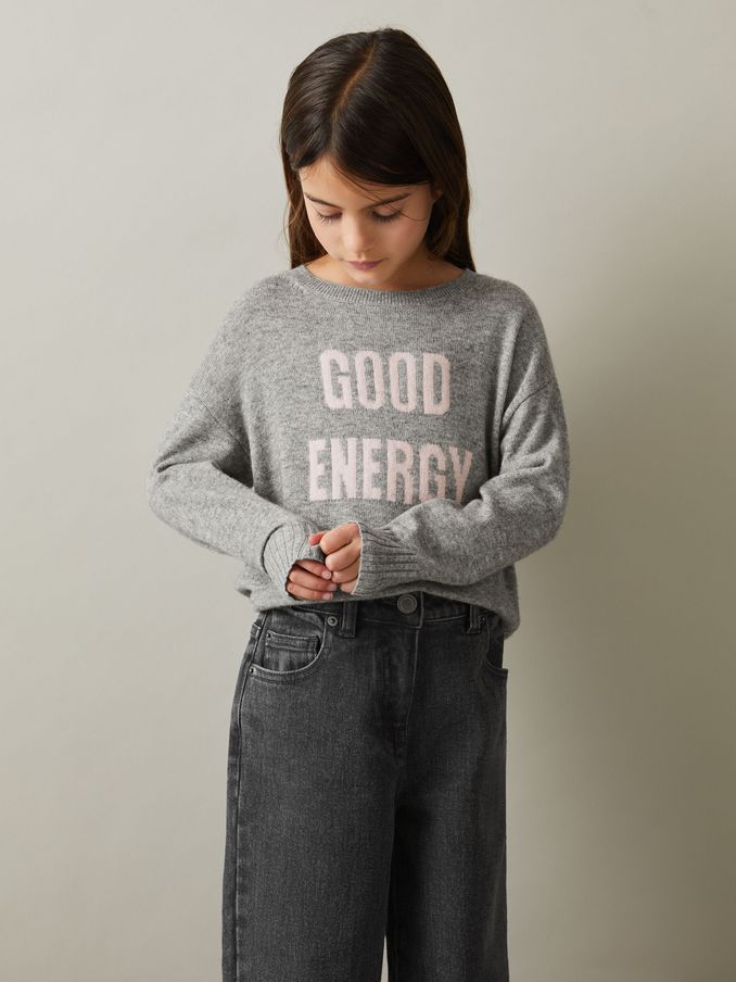 9-13 yrs Wool Blend Crew Neck Slogan Jumper in Grey (E55286) | $47