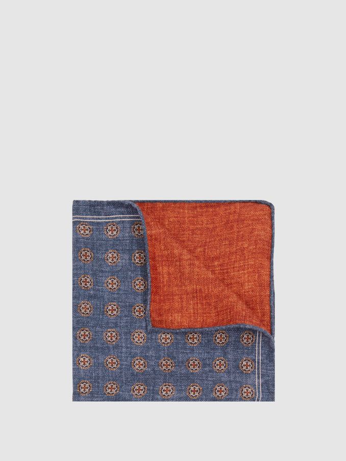 Reversible Silk Pocket Square in Indigo/Rust (E55291) | US$36