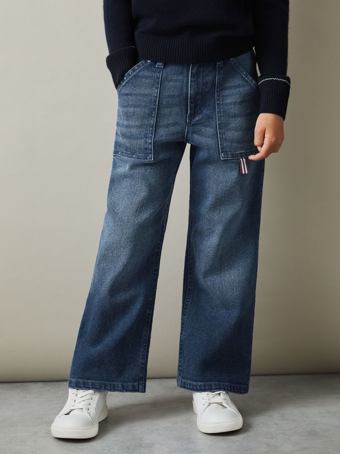 9-13 yrs Contrast Trim Wide Leg Jeans in Blue (E55293) | US$32