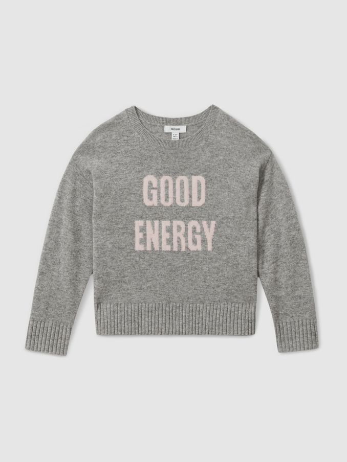 13-14 yrs Wool Blend Crew Neck Slogan Jumper in Grey (E55294) | €42