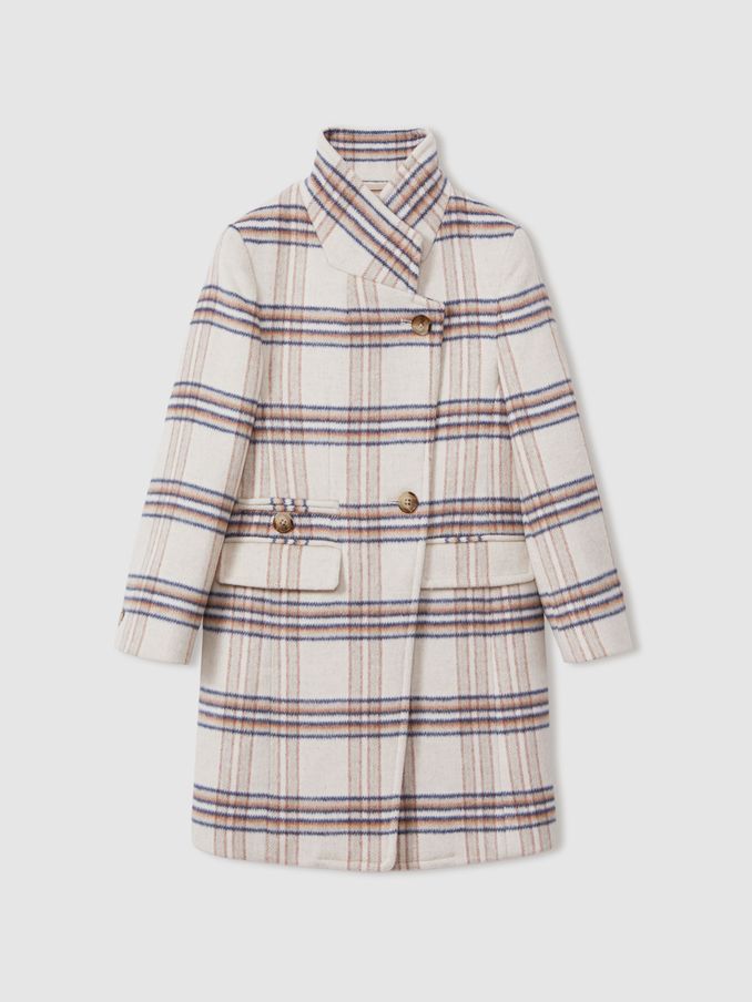 13-14 yrs Wool Blend Checked Asymmetric Funnel Neck Coat in Brown (E55295) | €73