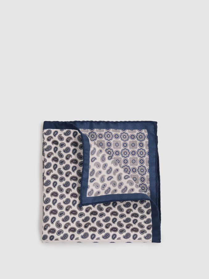 Silk Hybrid Print Pocket Square in Ivory/Navy (E55297) | US$36