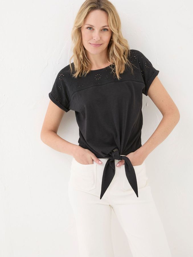 Fran Black Broderie Tie Front T-Shirt (E55858) | $30
