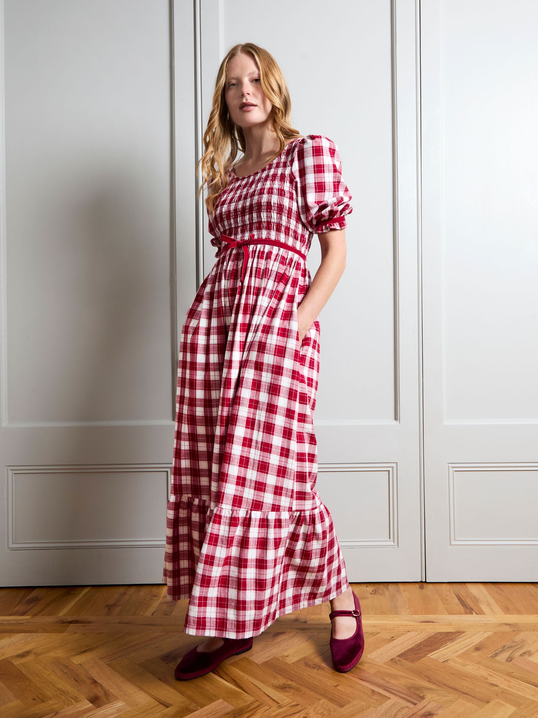 Red Check - Puff Sleeve Shirred Midaxi Dress