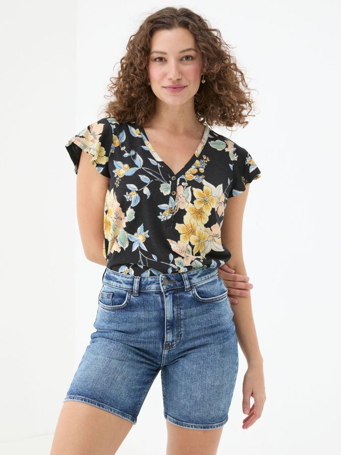 Henley Black Citrus Floral Frill Top (E56147) | $30