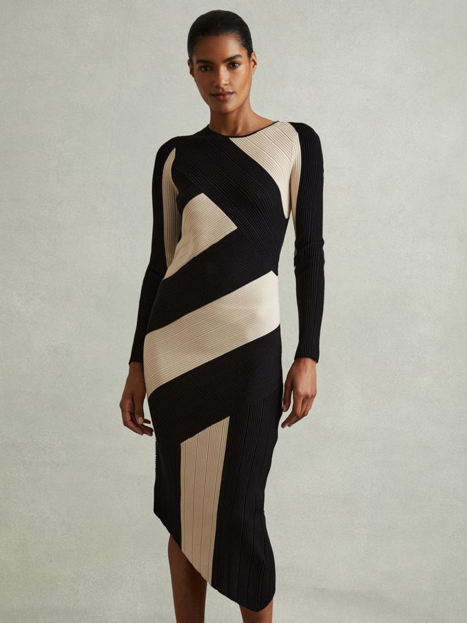 Petite Knitted Colourblock Asymmetric Midi Dress in Black/Camel (E57244) | AED297