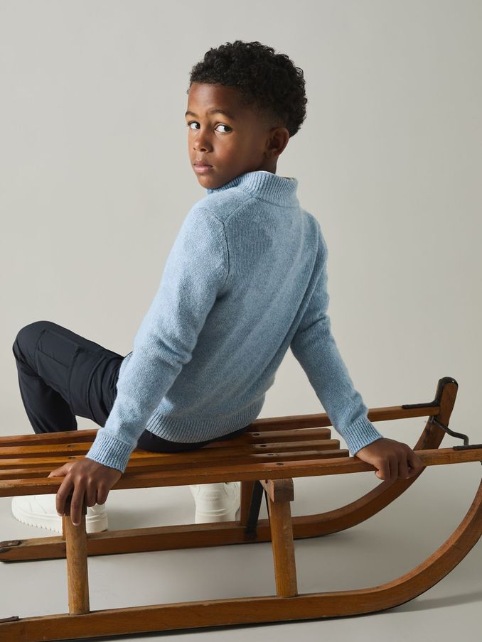 9-13 yrs Embroidered Quarter Zip Jumper with Cashmere Wool and Cotton in Soft Blue Melange (E57247) | €28