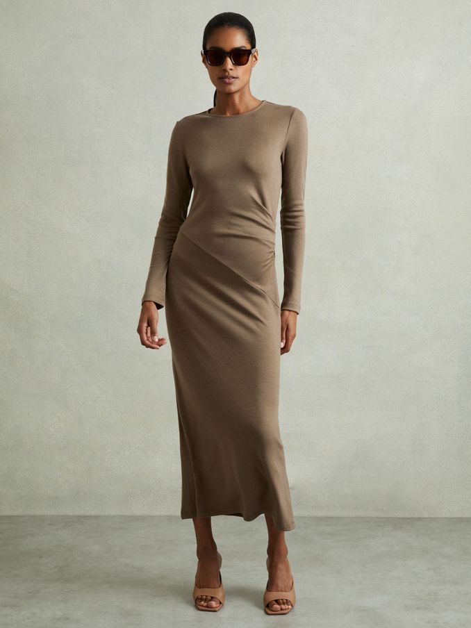 Petite Wool Ruche Detail Midi Dress in Camel (E57248) | US$115