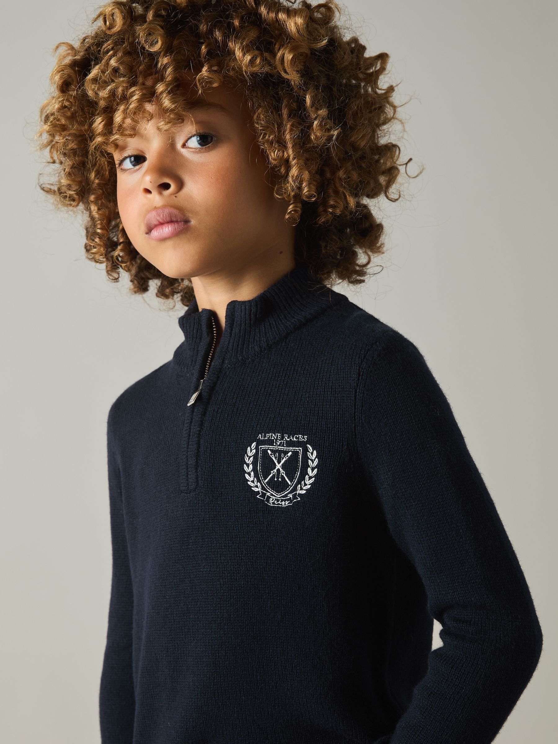 3-9 yrs Embroidered Quarter Zip Jumper with Cashmere Wool and Cotton in Navy (E57249) | €21