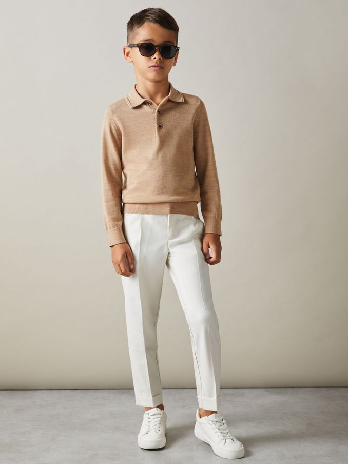 3-9 yrs Merino Wool Polo Shirt in Camel Melange (E57258) | US$55