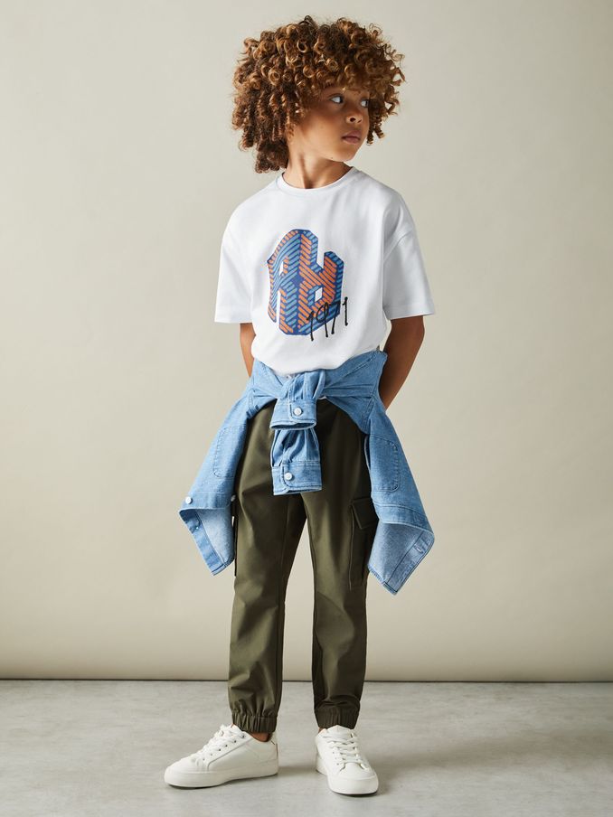 3-9 yrs Oversized Cotton Graffiti Print Crew Neck T-Shirt in Optic White (E57260) | US$15