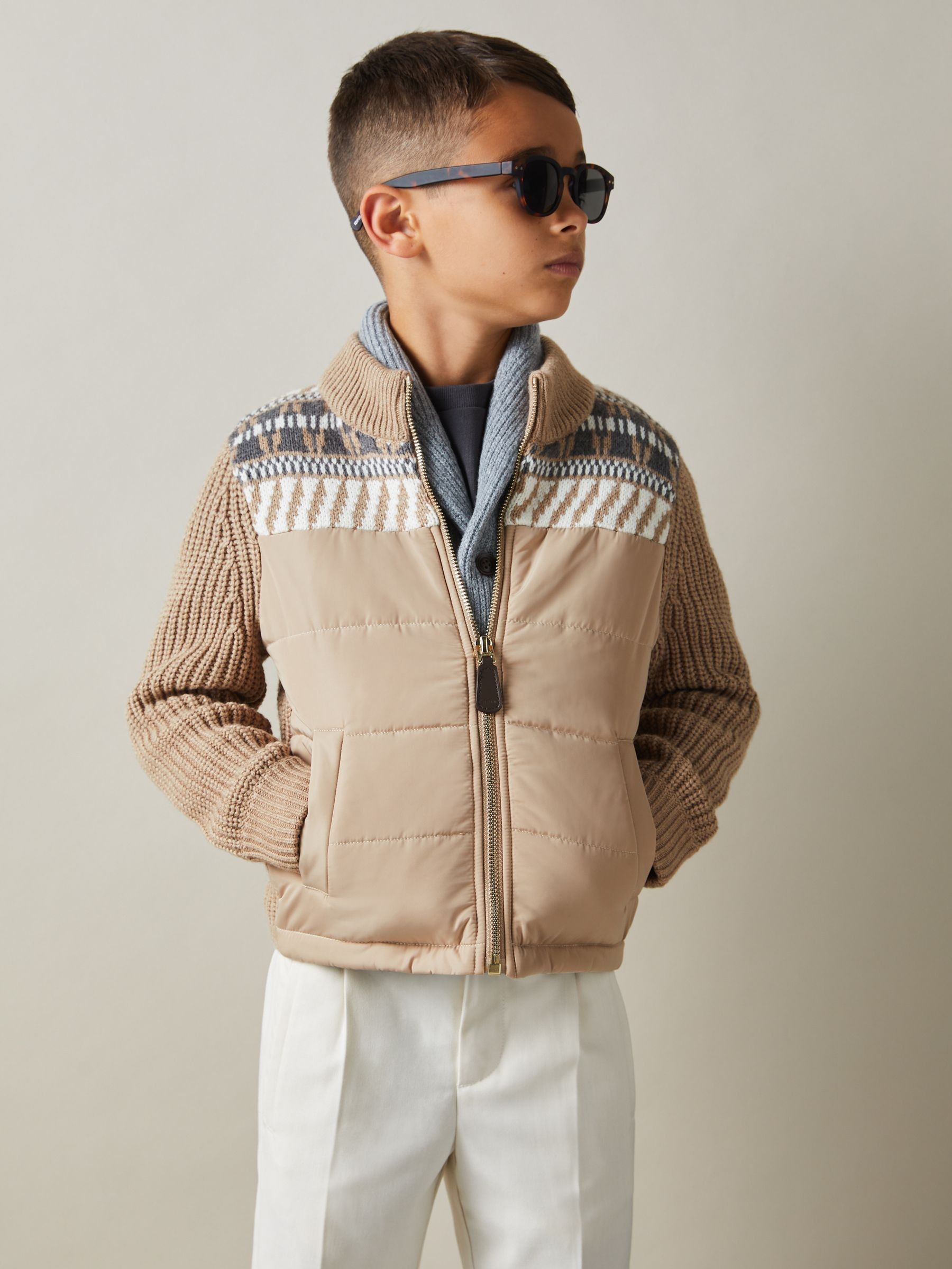 9-13 yrs Hybrid Knit and Quilt Funnel Neck Jacket in Oatmeal Melange (E57267) | €43