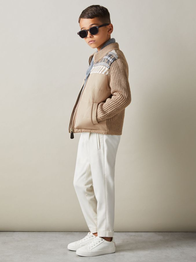 3-9 yrs Hybrid Knit and Quilt Funnel Neck Jacket in Oatmeal Melange (E57270) | US$40