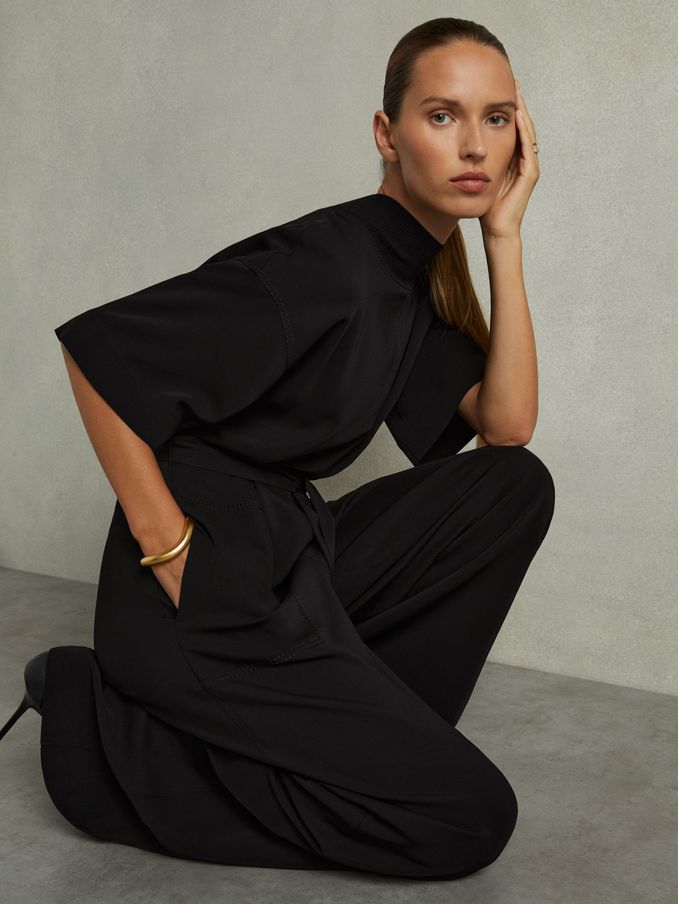 Topstitched-Cady Jumpsuit in Black (E57273) | €137