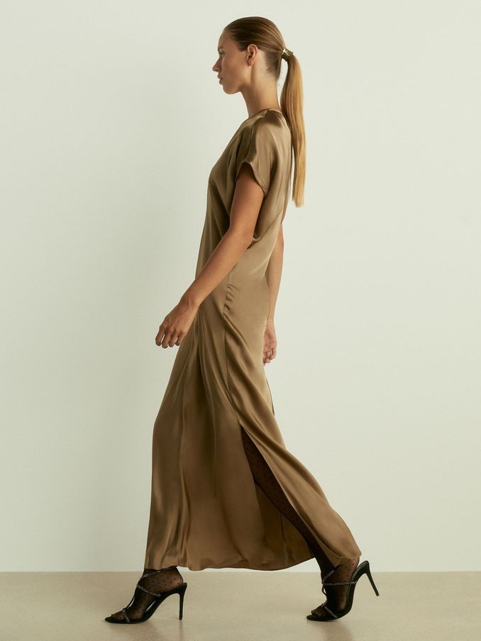 Satin Short-Sleeve Midi Dress in Khaki (E57275) | US$113