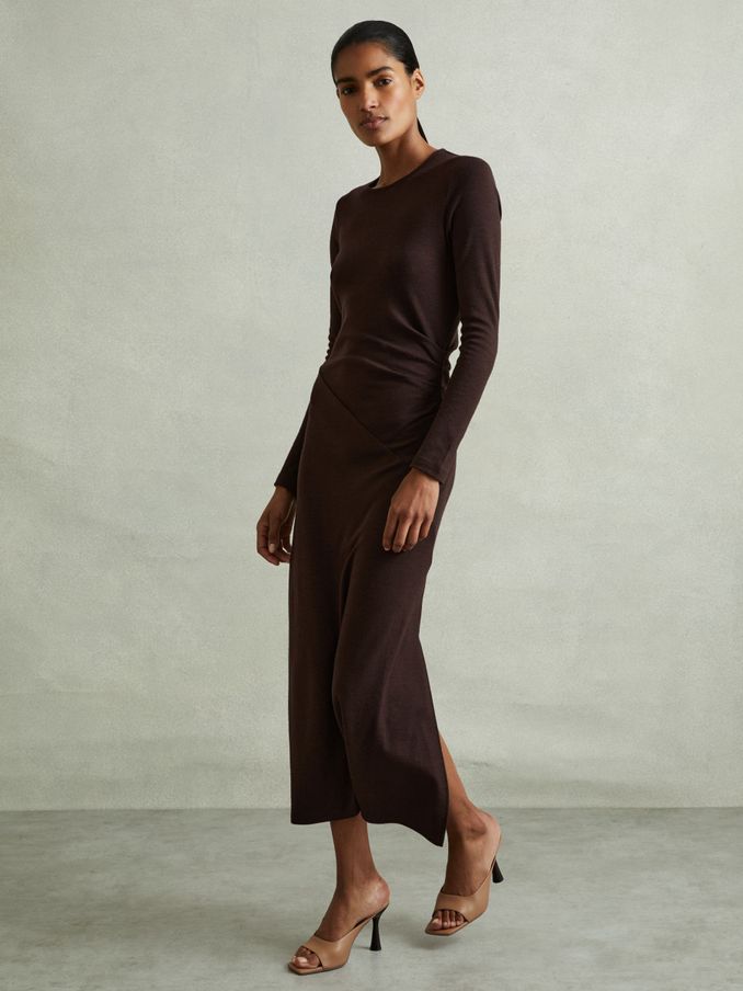 Petite Wool Ruche Detail Midi Dress in Berry (E57276) | CA$132