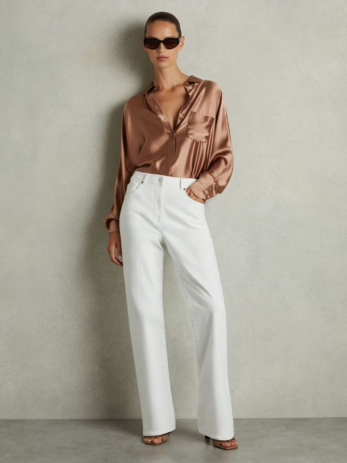 Silk Satin Grown On Sleeve Shirt in Taupe (E57278) | 443 SAR