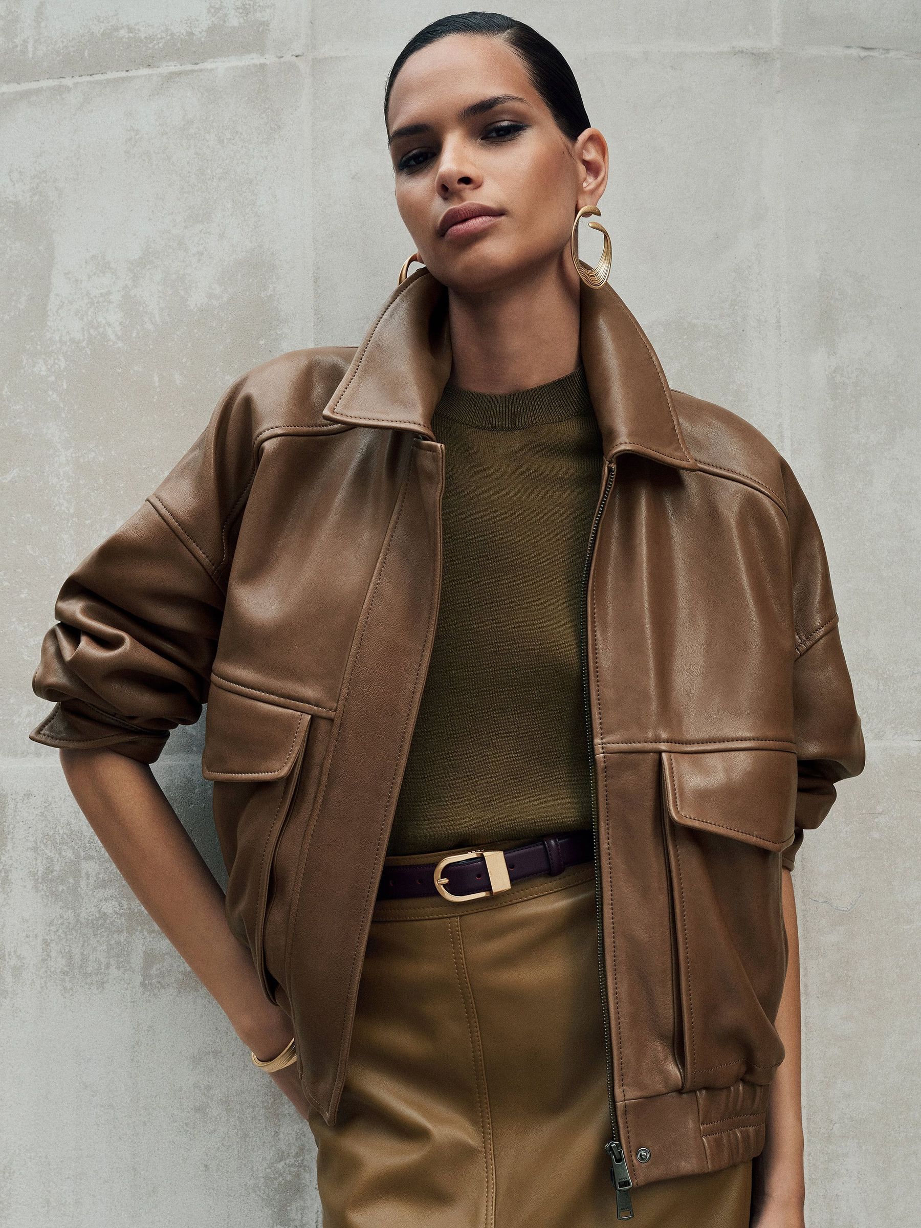 Neutral - Petite Grained-leather Twin-pocket Relaxed Jacket