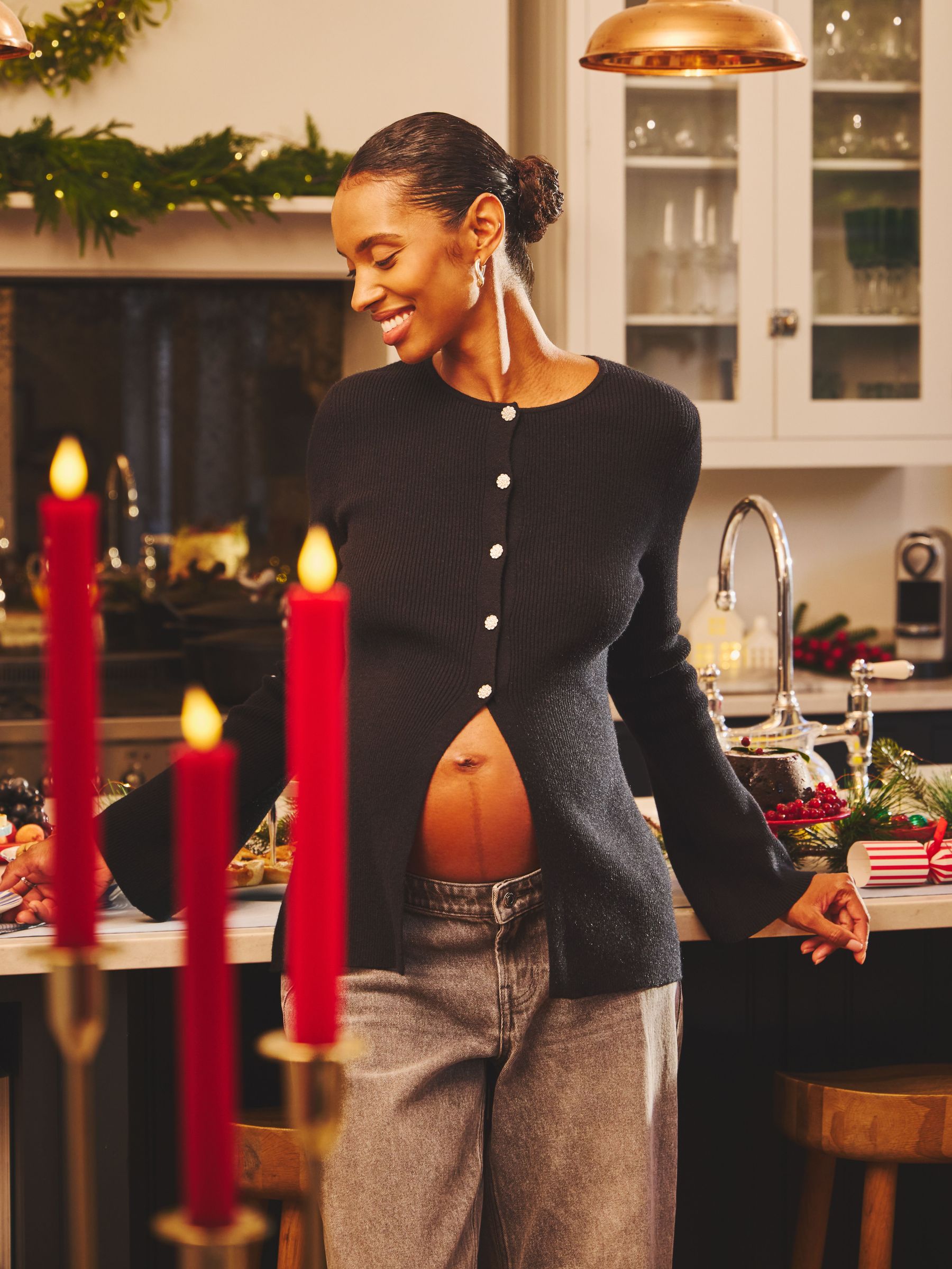 Black - Embellished Button Maternity Cardigan