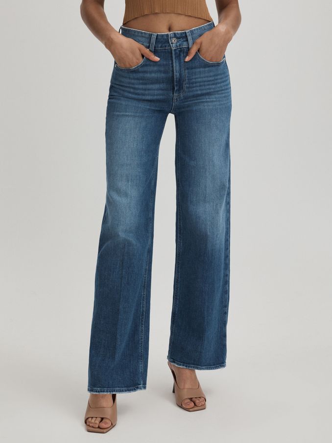 Paige Wide Leg Distressed Jeans in Stefania Blue (E58331) | US$530