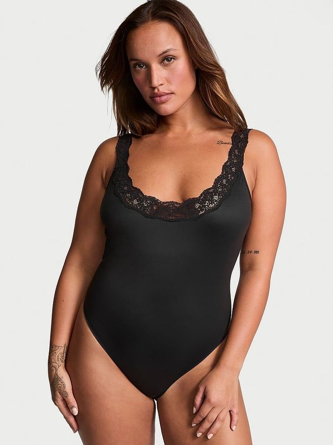 Black Lace Trim Scoop Neck Bodysuit (E59894) | €56