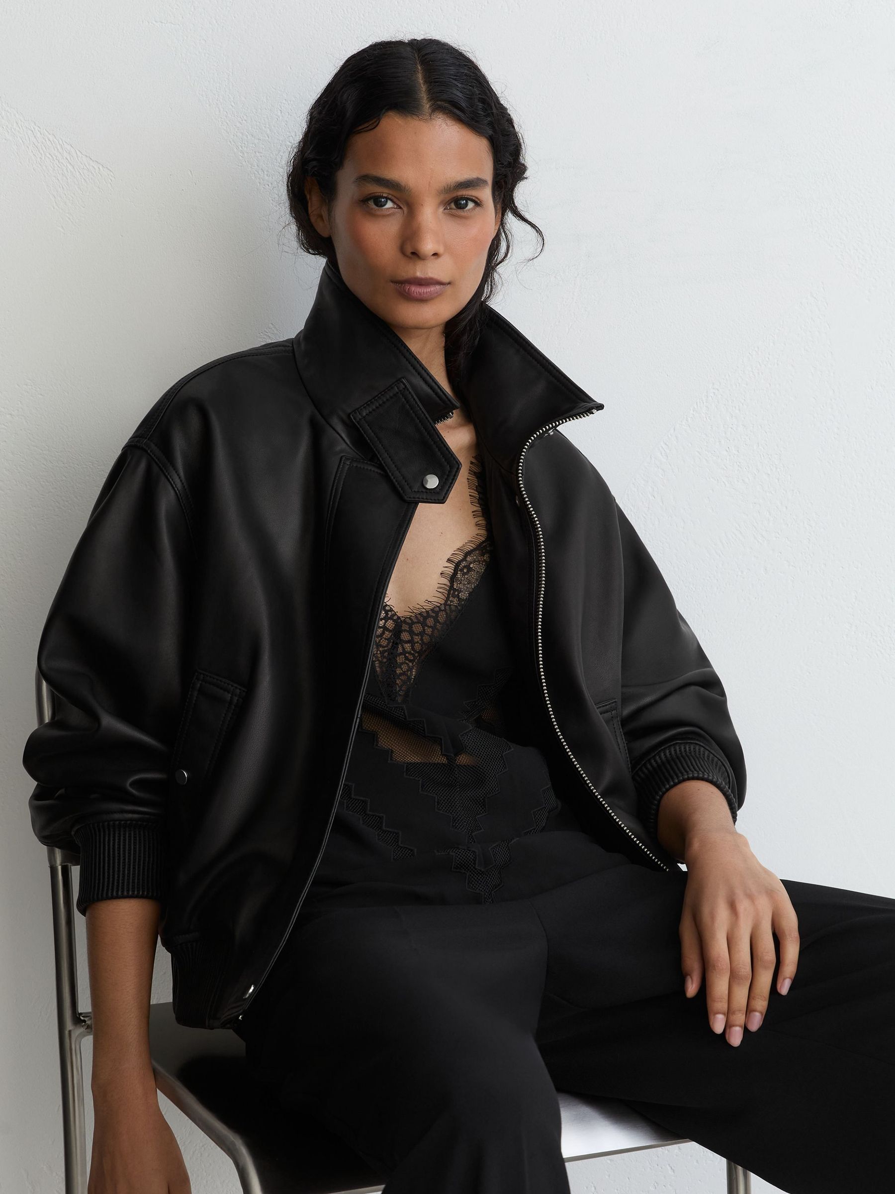 Sort - Leather Funnel-neck Bomber Jacket