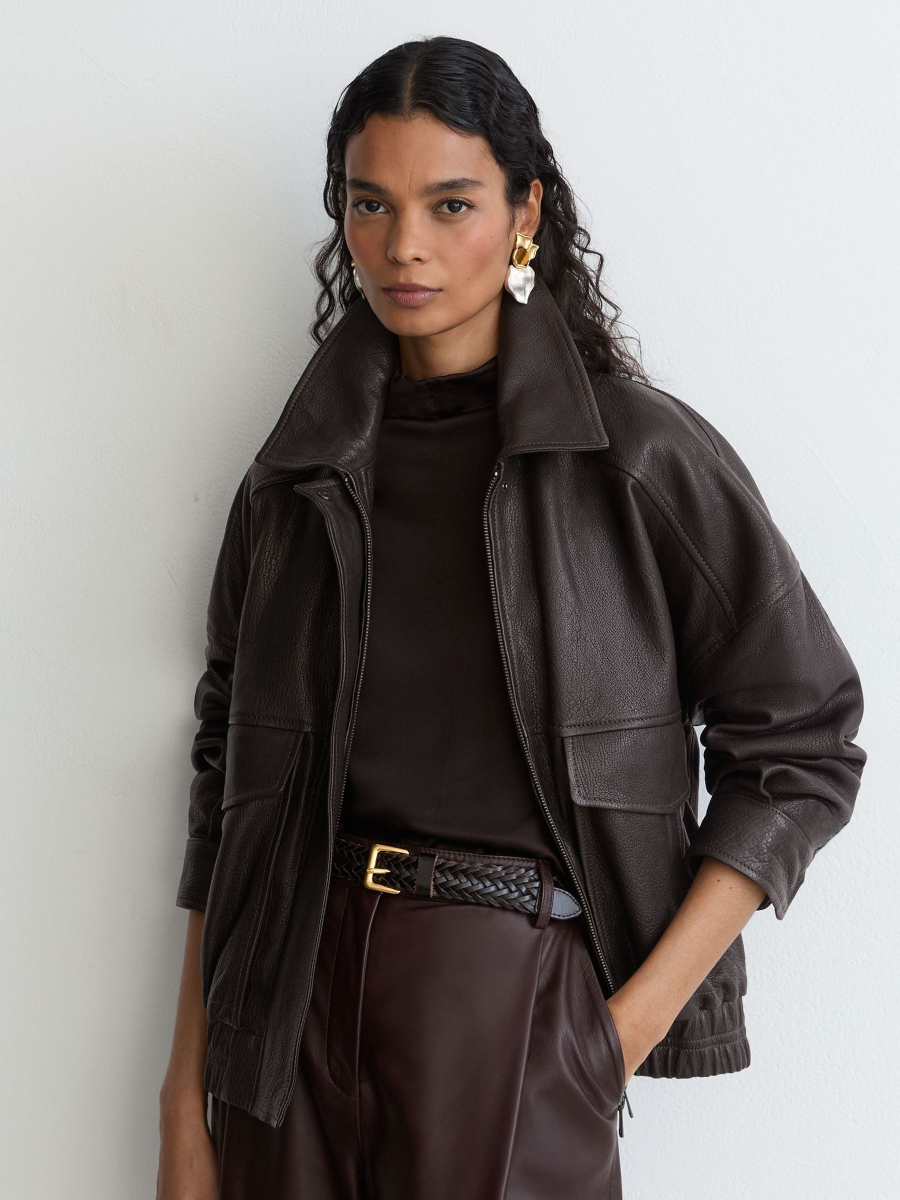 Ebony Brown - Grained-leather Twin-pocket Relaxed Jacket