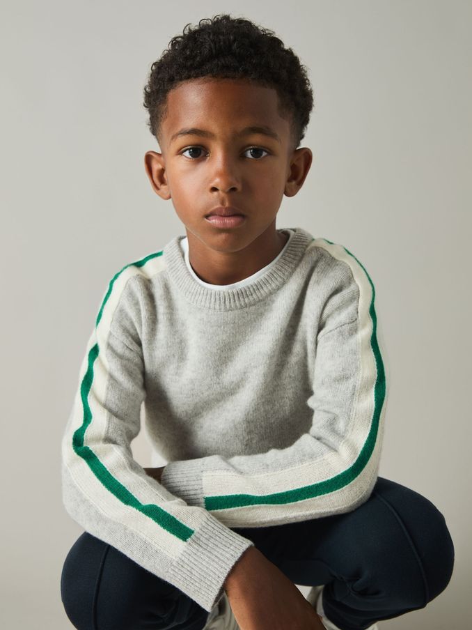 9-13 yrs Wool Stiped-Sleeve Jumper in Soft Grey/Green (E61232) | US$23