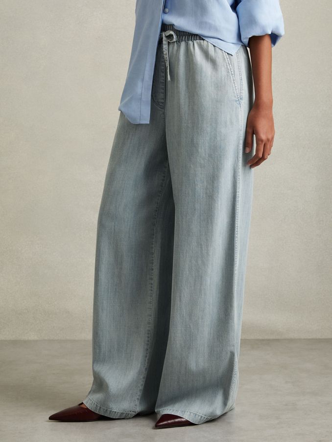 Petite Denim Look Wide Leg Trousers in Light Blue (E61235) | AED324