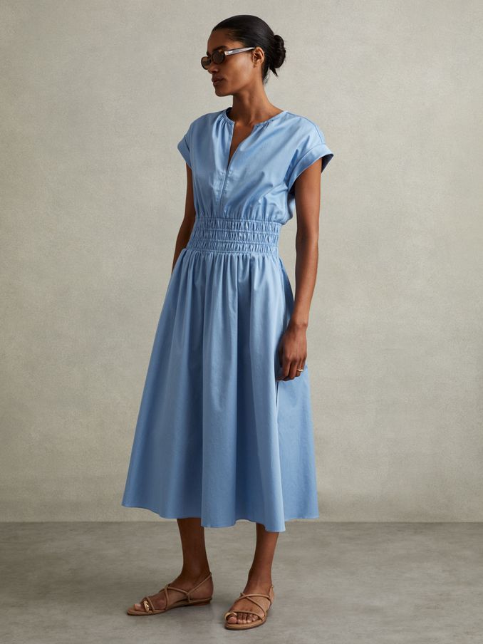 Cotton Ruched Waist Midi Dress in Blue (E61251) | US$95