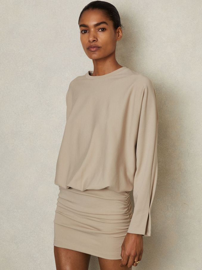 Lorenza Neutral Ruched Jersey Blouson Top Mini Dress (E61253) | €117