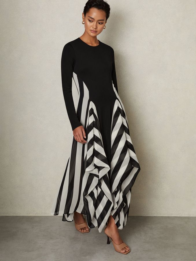 Dita Black/White Jersey Flared Hem Midi Dress (E61254) | 614 SAR