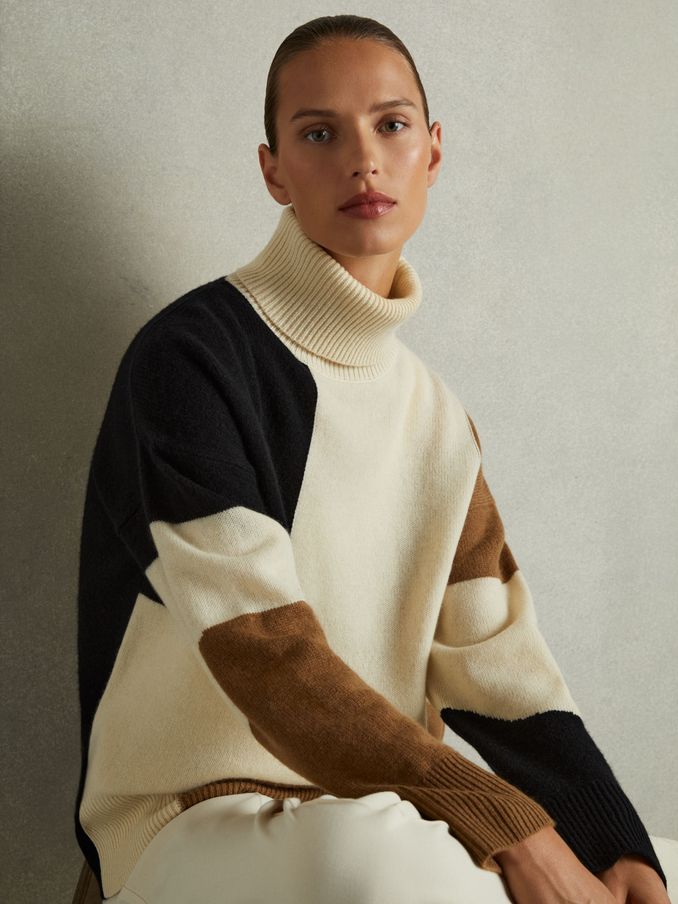 Wool-Cashmere Colourblock-Intarsia Jumper in Cream/Brown (E61262) | €111