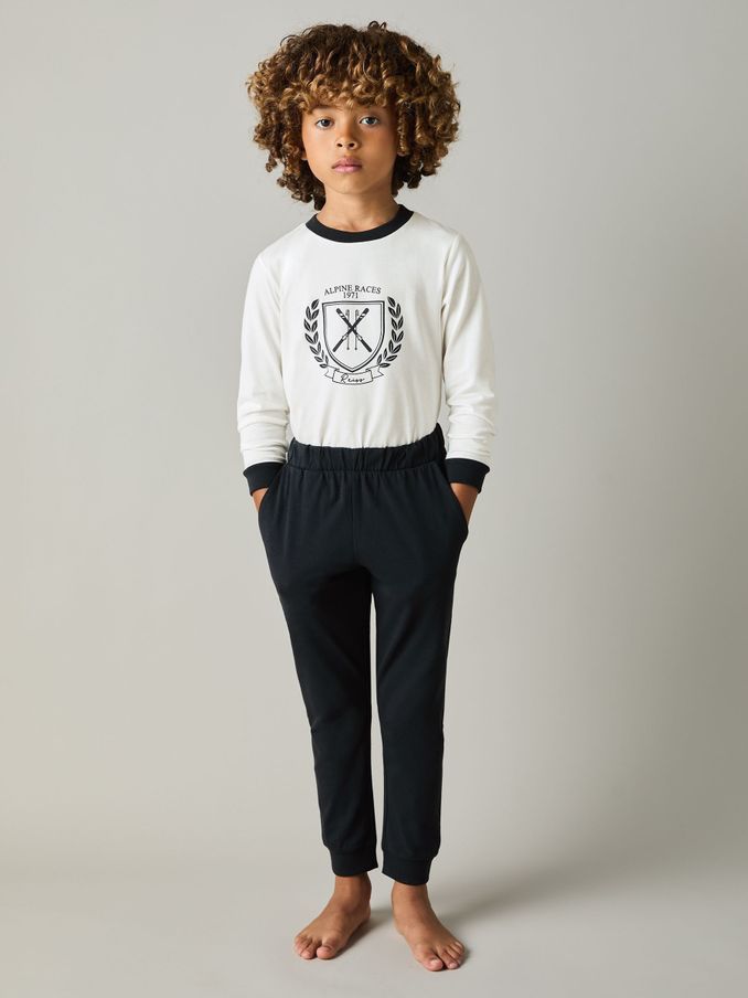 Alpine Races Cotton-Jersey Pyjamas in White/Navy (E62927) | US$11