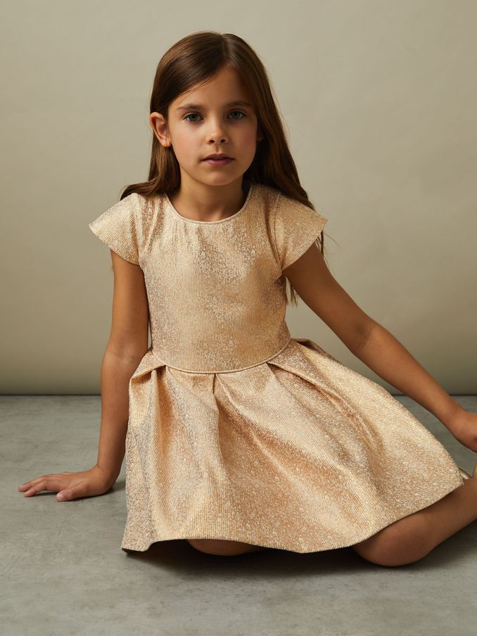 9-13 yrs Metallic Pleated Cap Sleeve Dress in Gold (E63075) | US$58