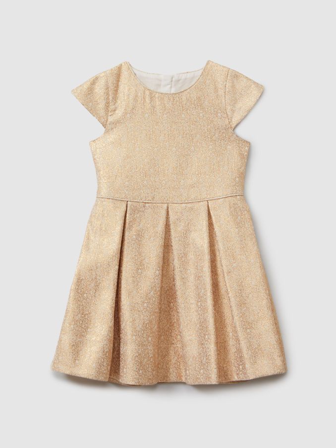 13-14 yrs Metallic Pleated Cap Sleeve Dress in Gold (E63080) | US$57