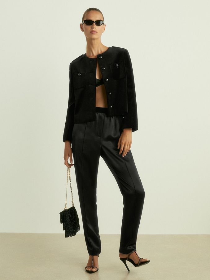 Satin Elasticated Tapered Trousers in Black (E63735) | €66