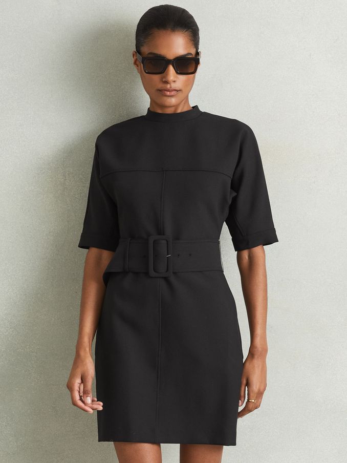 Belted Mini Dress in Black (E63746) | US$143