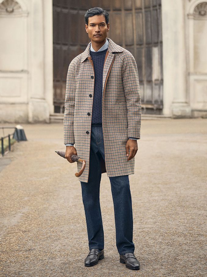 Wool Dogtooth Check Car Coat in Brown Multi (E64901) | €342